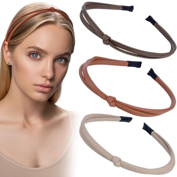 3 Pcs Leather Headbands for Women, Thin Knotted Headband Cute Fashion Head Bands - Picture 1 of 7